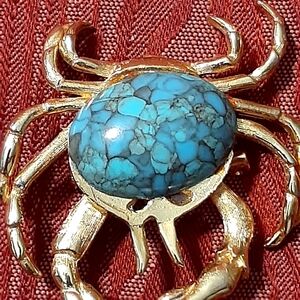 Scarab Crab Brooch/Pin Turquoise Gold Tone